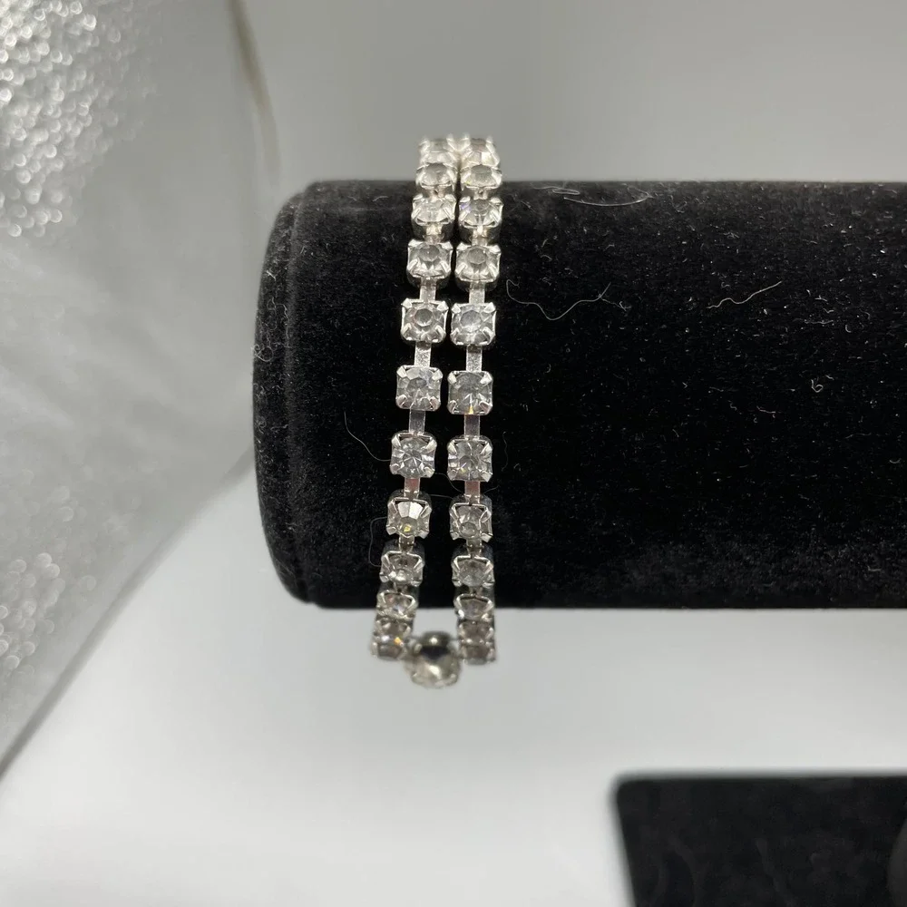 Vintage Double Strand Rhinestone Tennis Bracelet Marquise Center Silver Tone 7in